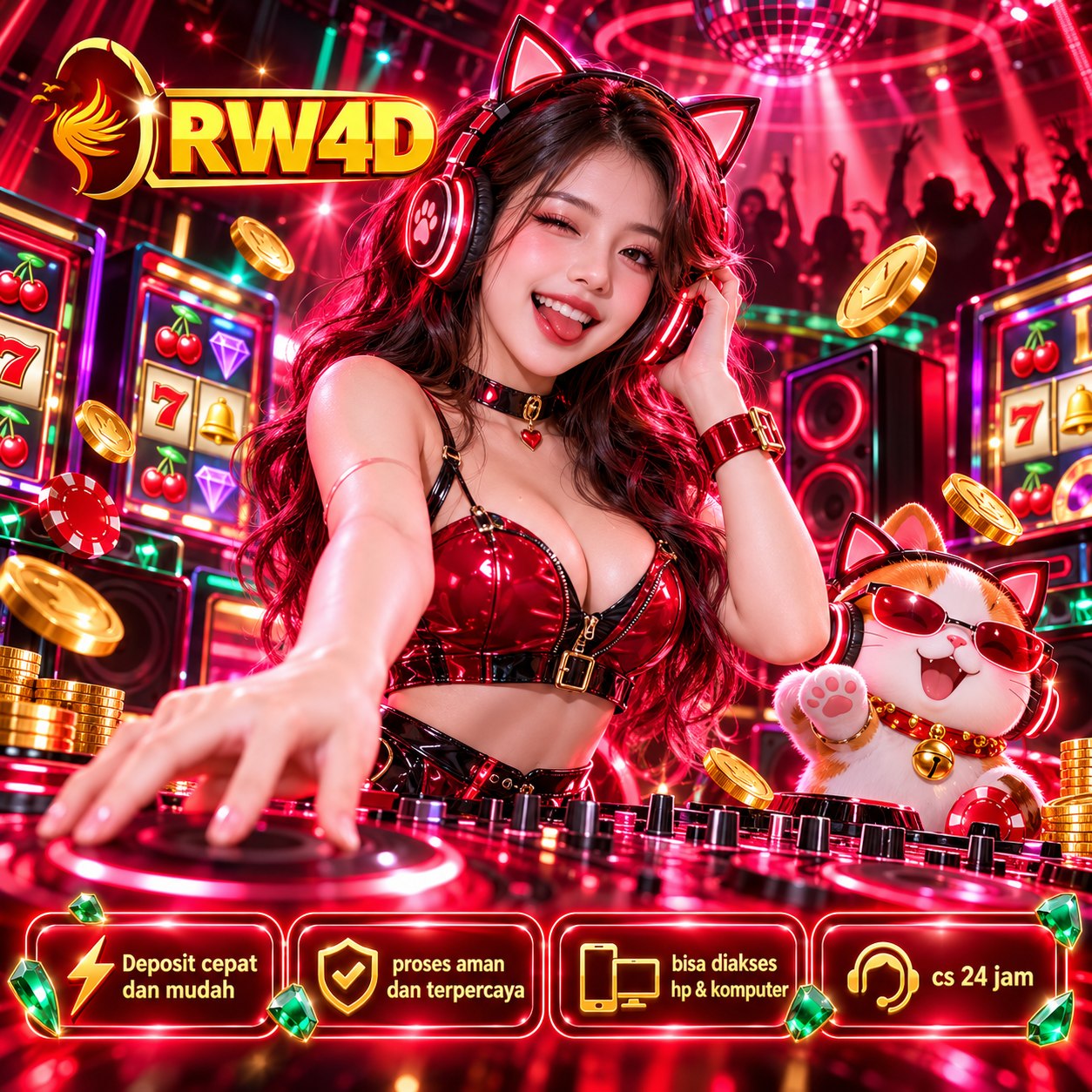 Poster RW4D: DJ dan karakter kucing neon