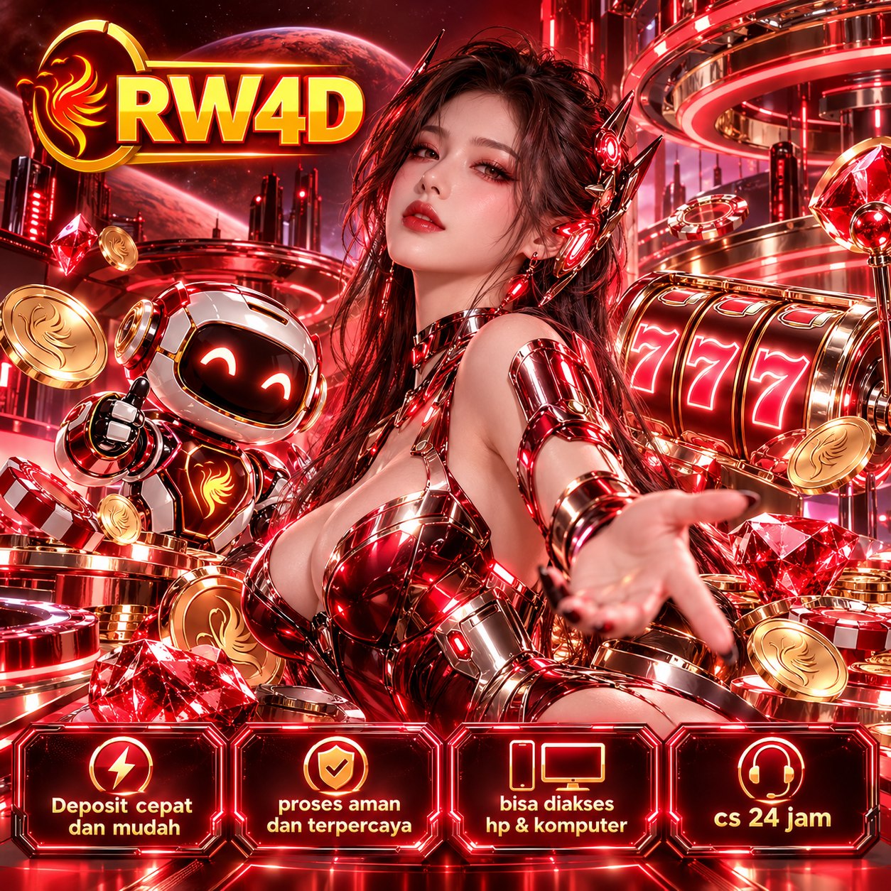 Poster RW4D: visual futuristis bernuansa merah